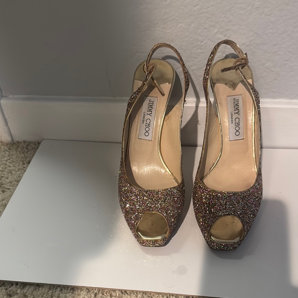 Jimmy Choo Glitter Peep-Toe Slingback Heels